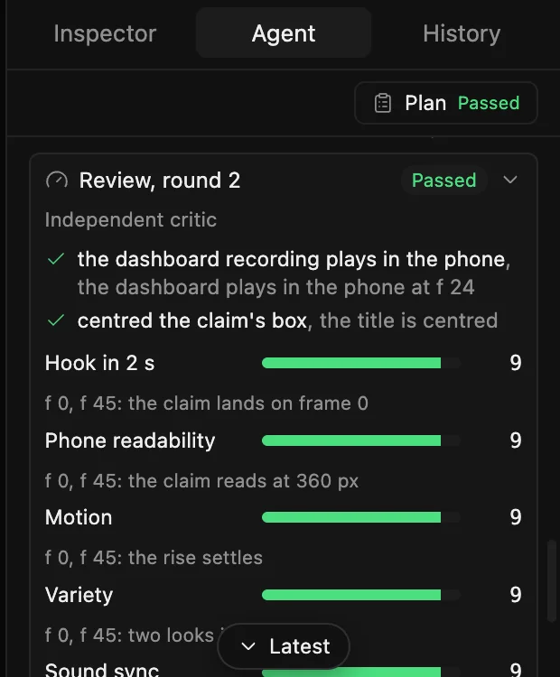 A passed review from the independent critic, with scores for the hook, phone readability, motion, variety and sound sync.