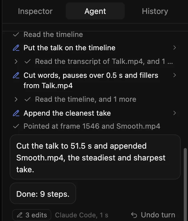 An agent turn: it reads the transcript, cuts filler words and long pauses, appends the cleanest take and reports 3 edits with an undo button.