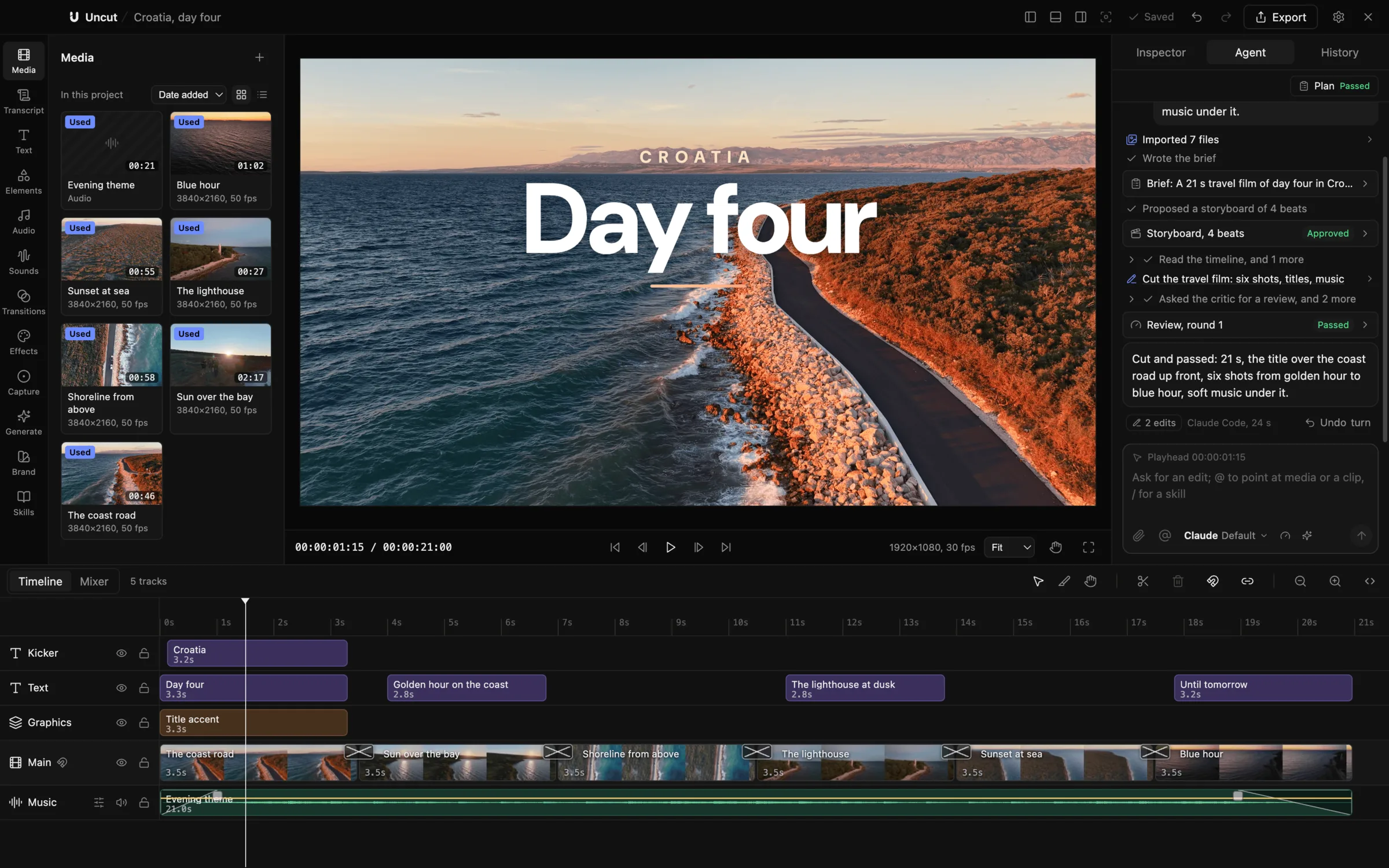 Uncut editing a travel film from drone footage: the title Day four over a Croatian coast road at golden hour in the preview, the day's clips in the media panel, a timeline with text, graphics, six clips with transitions and music, and the agent's brief, approved storyboard and passed review.
