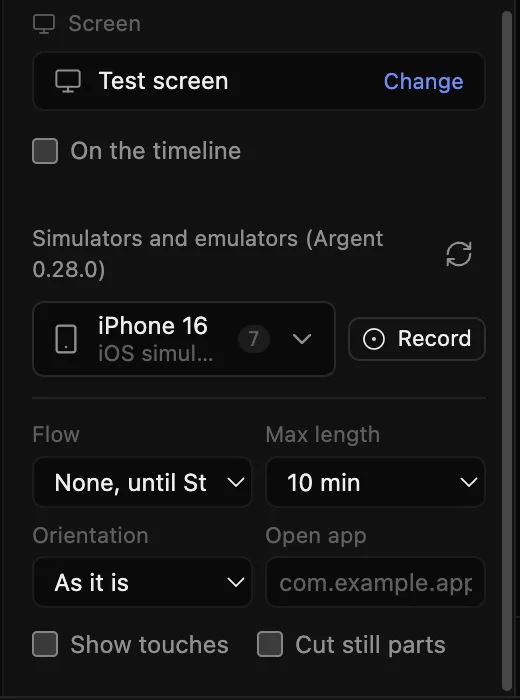 The capture panel with screen recording and a list of simulators and emulators to record.