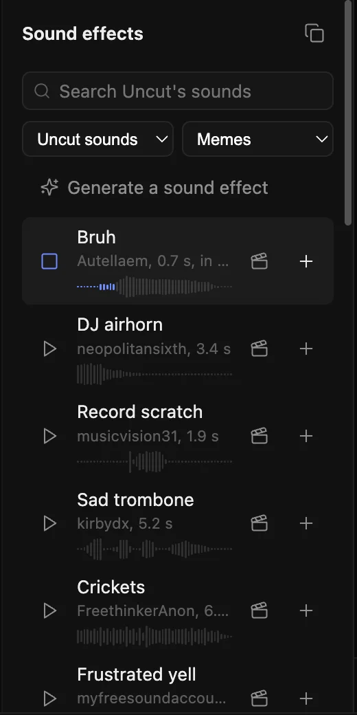 The sound effects panel with a search box and a list of sounds with waveforms.